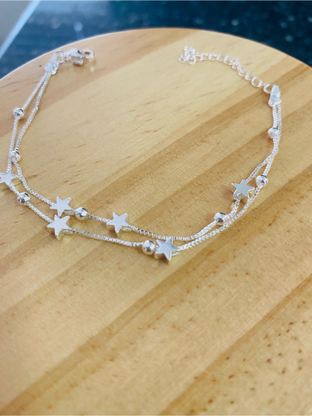 Sterling Silver Star Station Double Strand Anklet - Silver